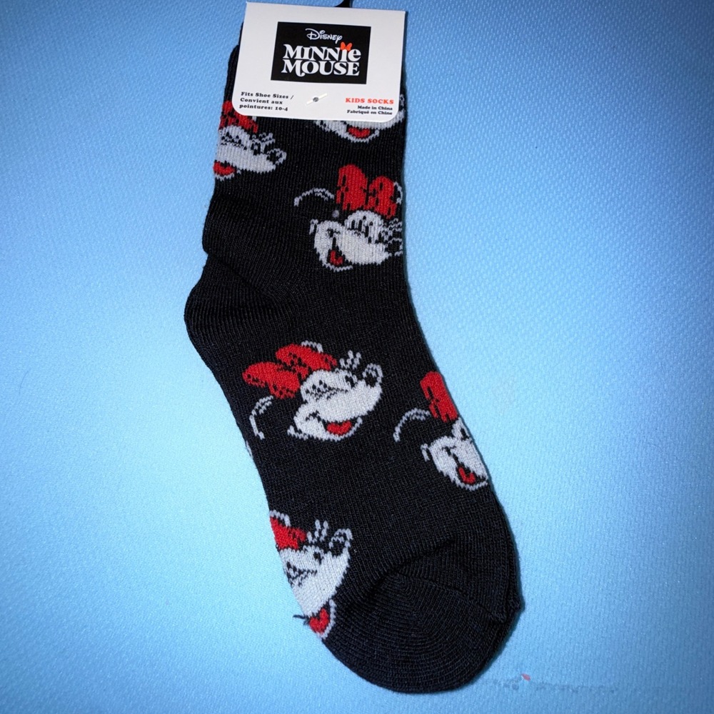 Disney Minnie Mouse Crew Socks Shoe Size 10-4 NEW Black Red Character Print